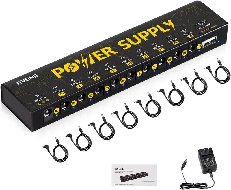 RVONE Guitar Pedal Power Supply with 10 Isolated DC Outputs and USB, Short-Circuit Protection, Noise Reduction, Stable 9V/12V/18V Power for Effect Pedals (Lightning Yellow) - Image 1